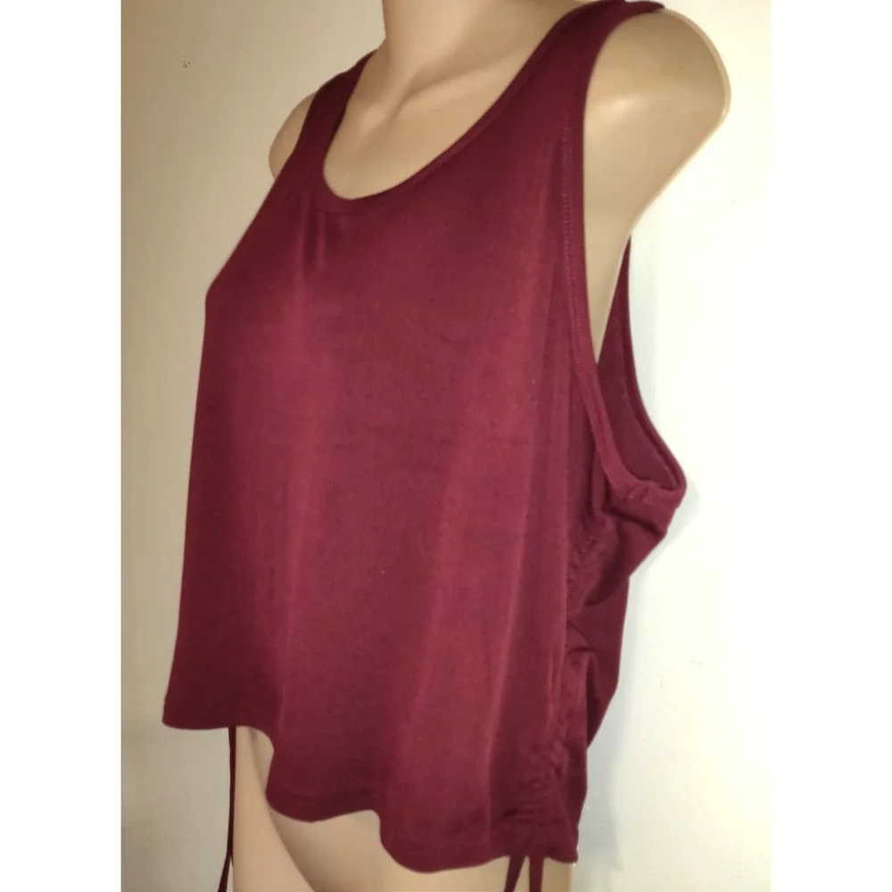 Ekouaer Cropped Ribbed Top Women's 2XL BURGUNDY Drawstring Ruching Sleeveless - Picture 4 of 9
